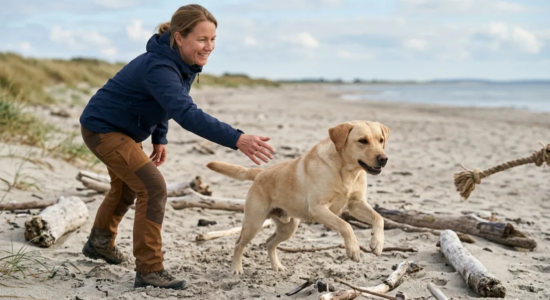 Voksen gul Labrador Retriever leger med sin kvindelige ejer på en dansk strand og løber efter et reb-legetøj.