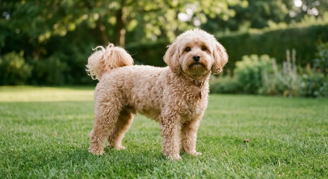 Voksen Maltipoo med bølget pels stående i fuld figur på græs.