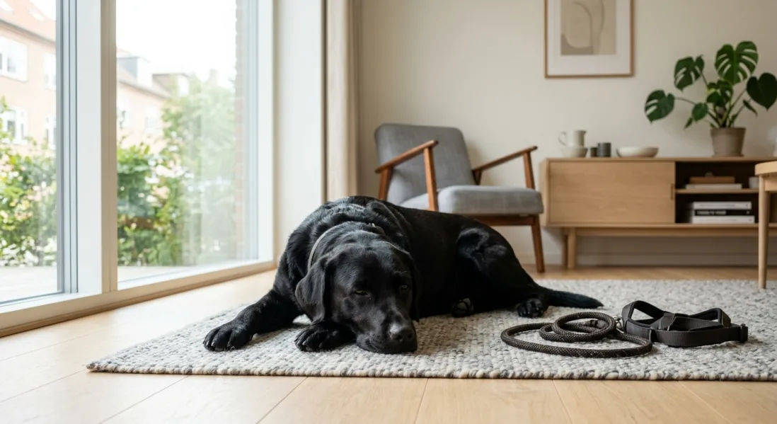 Voksen sort Labrador ligger afslappet på et tæppe i en lys stue efter aktivitet.