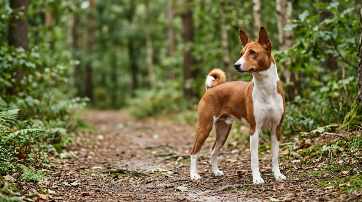 Basenji står opmærksom på en skovsti og kigger fokuseret mod noget i det fjerne