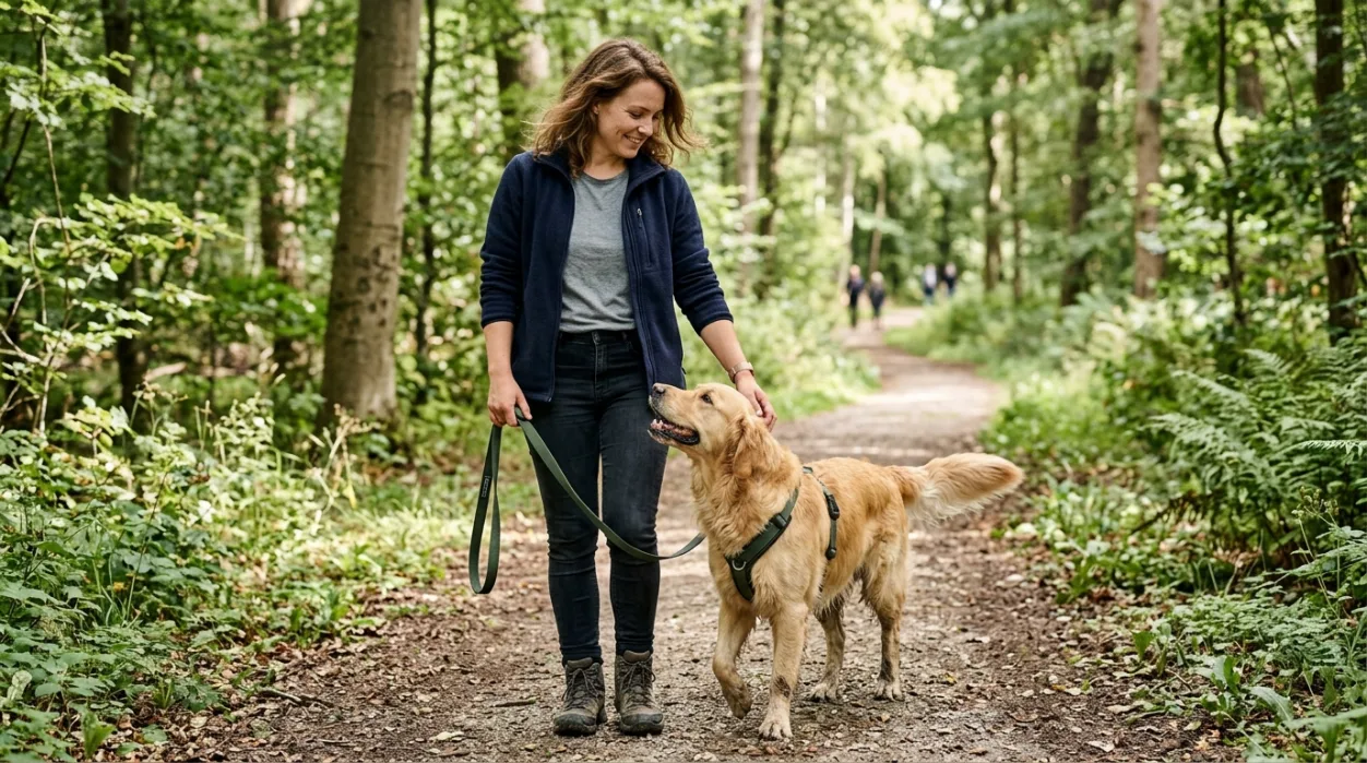Førstegangshundeejer på gåtur med Golden Retriever