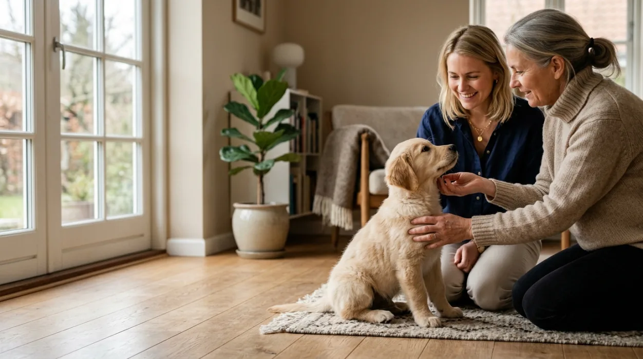 Golden Retriever-hvalp sidder i en lys stue, mens to voksne mennesker hilser roligt på den.
