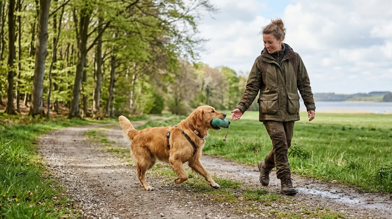 Golden Retriever på aktiv gåtur og træning med sin ejer