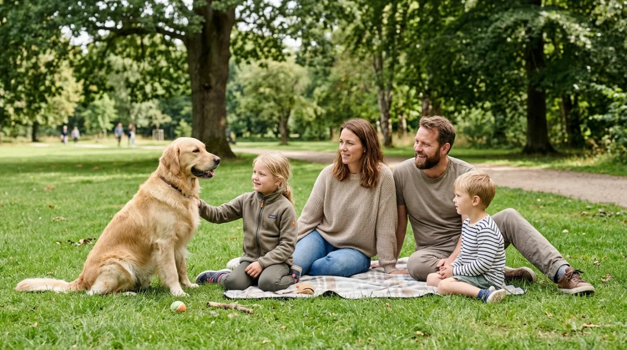 Golden Retriever sammen med familie og børn