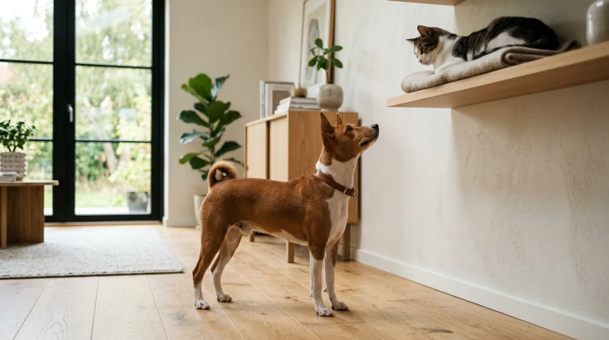 Med den rette introduktion og sikre flugtveje kan en Basenji og en kat lære at leve fredeligt under samme tag.