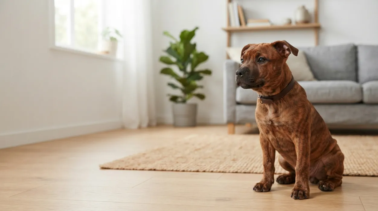 Staffordshire Bull Terrier hvalp i trygt hjemmemiljø
