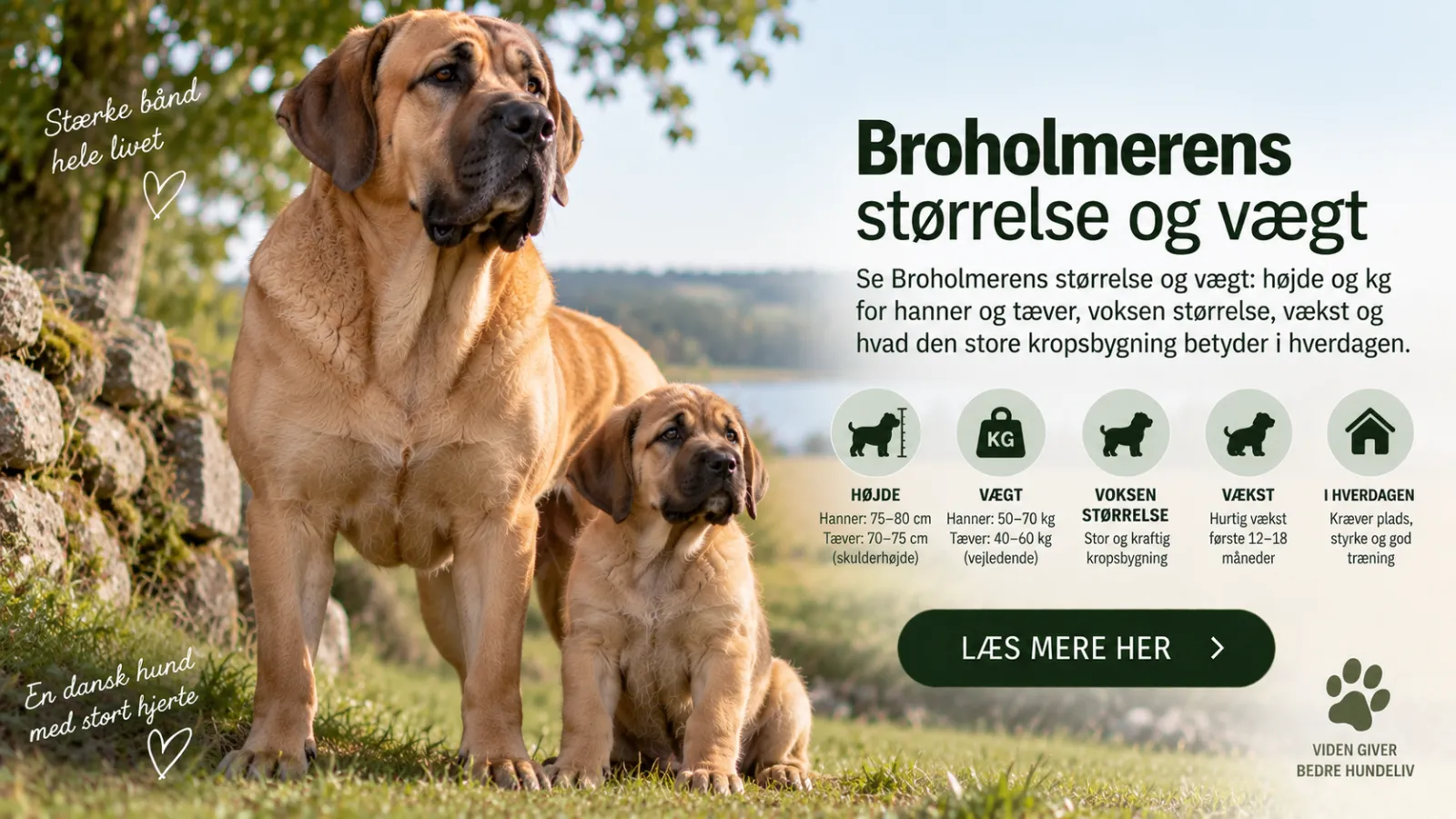 Broholmer størrelse og vægt