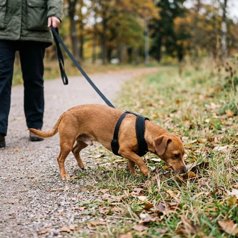 Chiweenie snuser til græsset under roligt næsearbejde i en park
